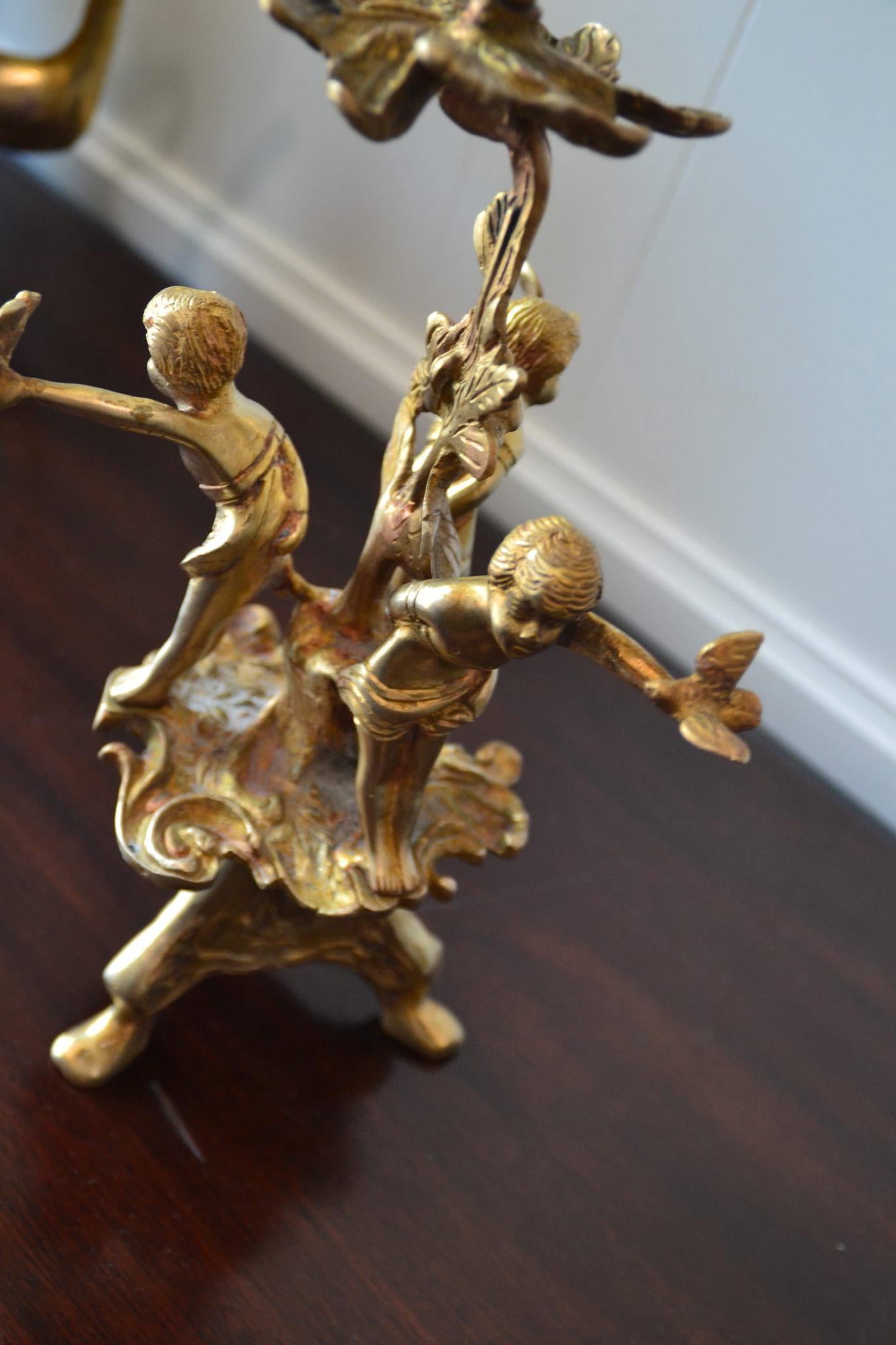 Baroque Antique French  candle holder 19th Century Bronze with Cherubs Doves