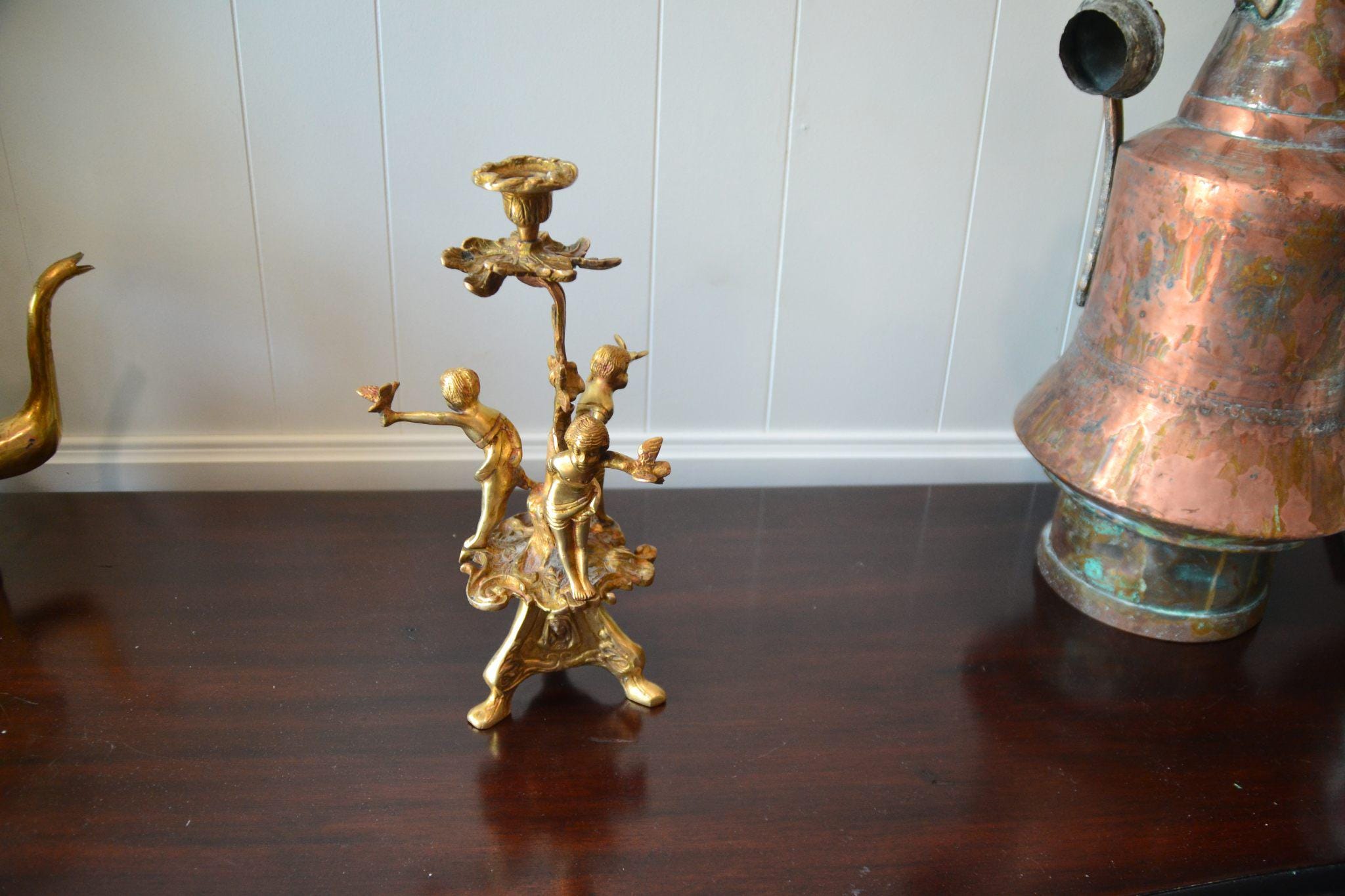 Baroque Antique French  candle holder 19th Century Bronze with Cherubs Doves