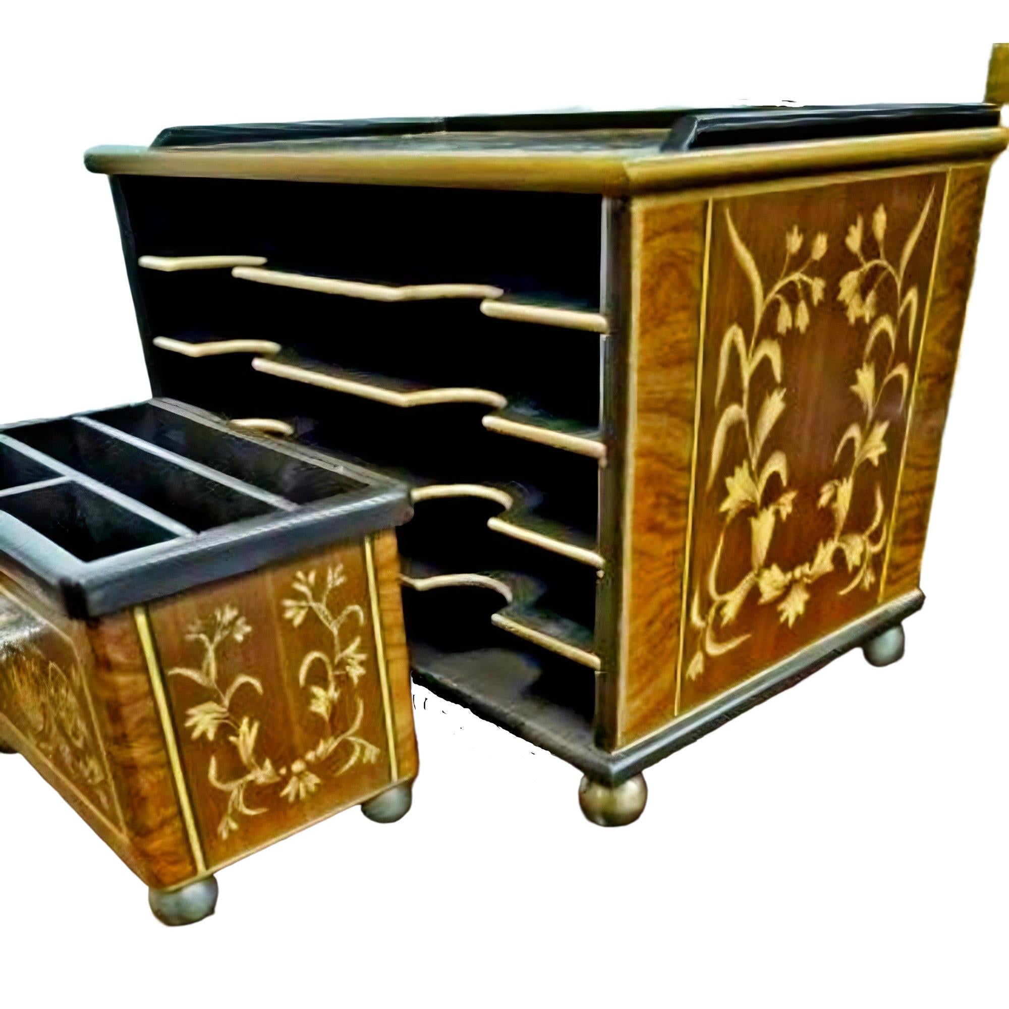 Neoclassical Lacquered Wood Executive Desk Organizer & Letter Holder With Intricate Inlay Design