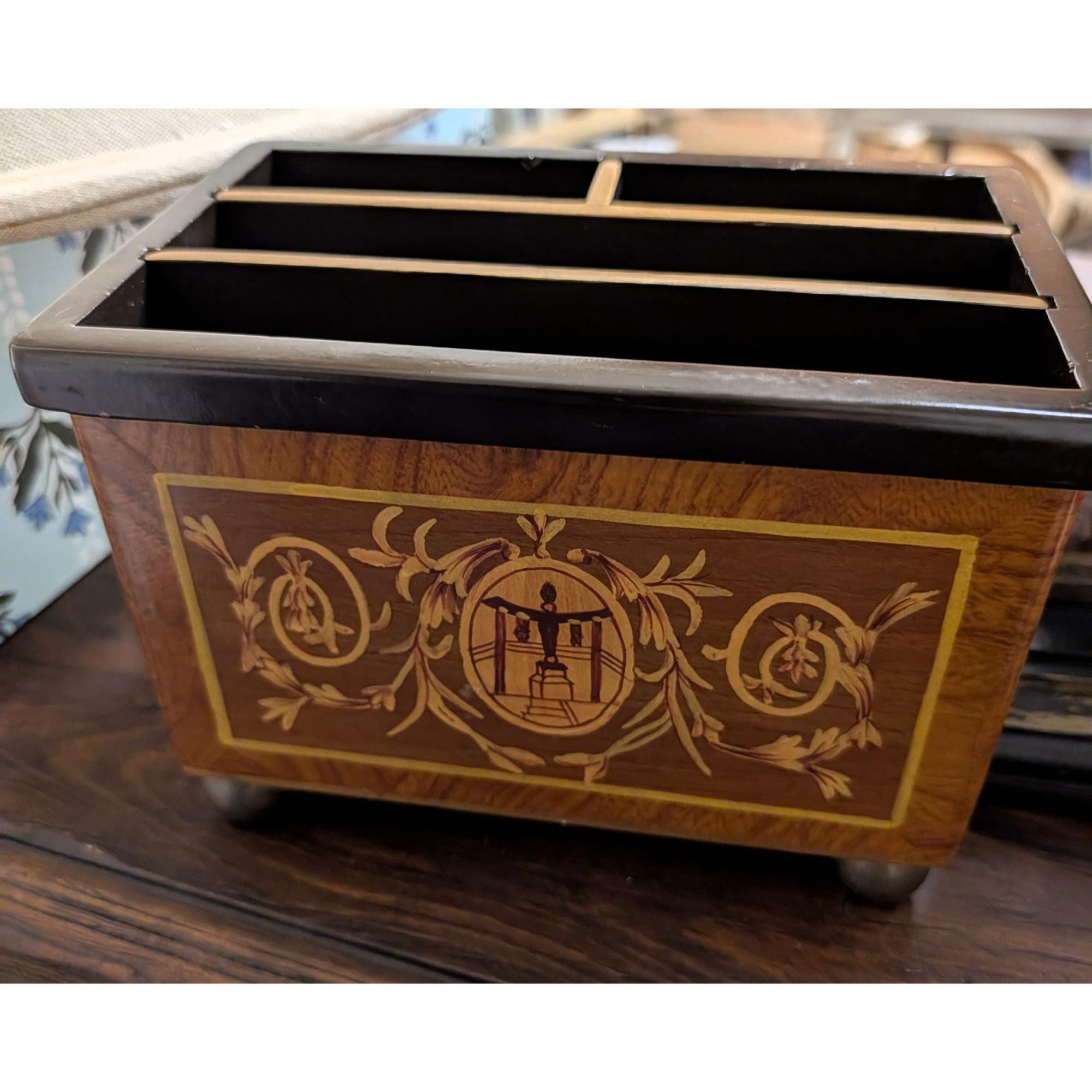 Neoclassical Lacquered Wood Executive Desk Organizer & Letter Holder With Intricate Inlay Design