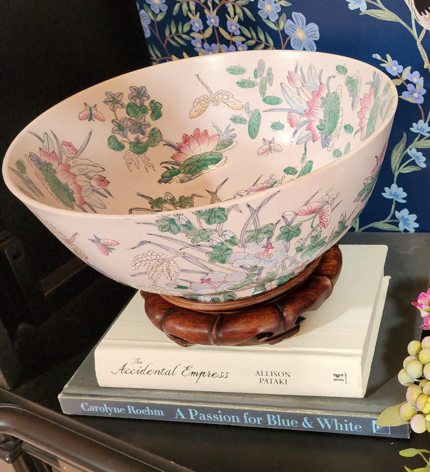 Vintage Famille Rose Bowl: Large 12" Chinoiserie Porcelain with Wood Stand