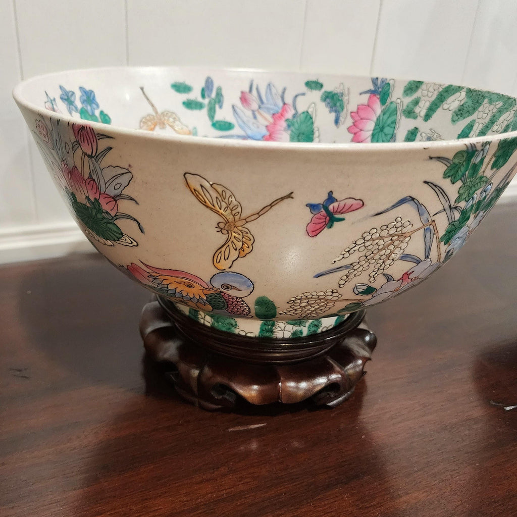 Vintage Famille Rose Bowl: Large 12" Chinoiserie Porcelain with Wood Stand