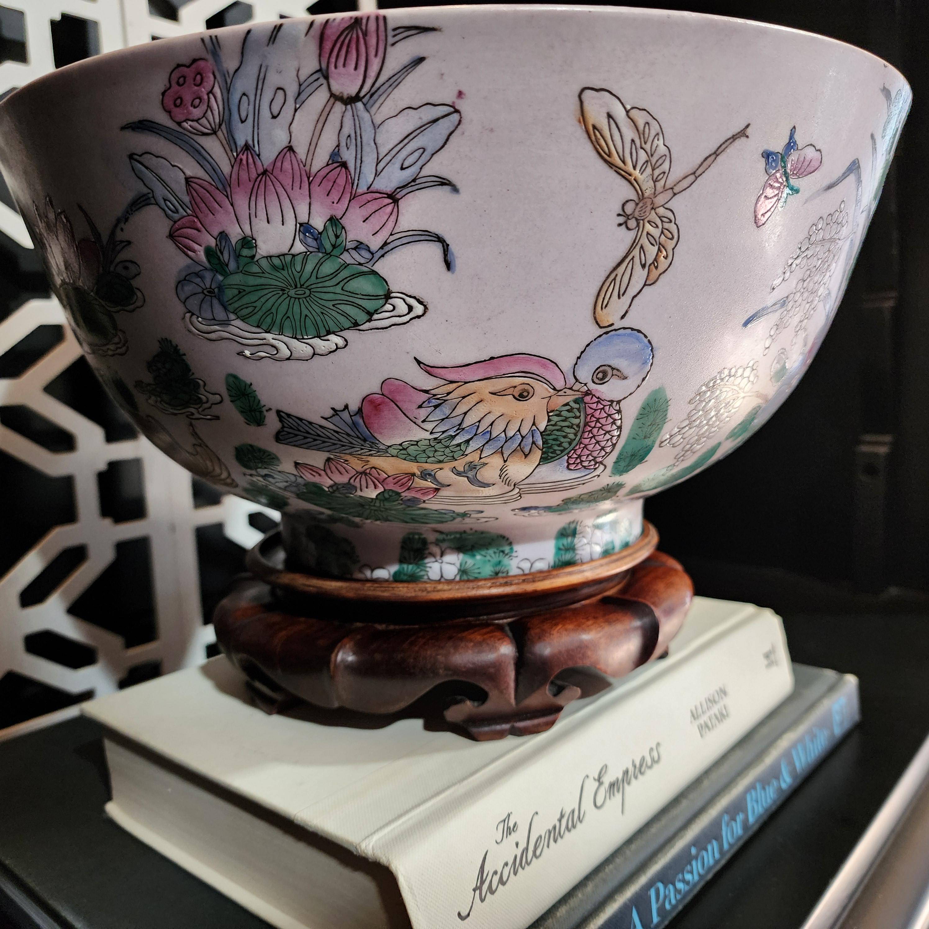 Vintage Famille Rose Bowl: Large 12" Chinoiserie Porcelain with Wood Stand