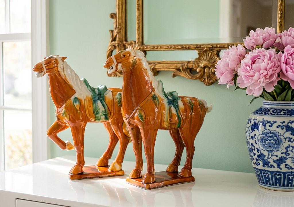 Vintage Tang Horse Figurines Pair 14.5 Inch Tall Chinese, Mid Century Asian Decor
