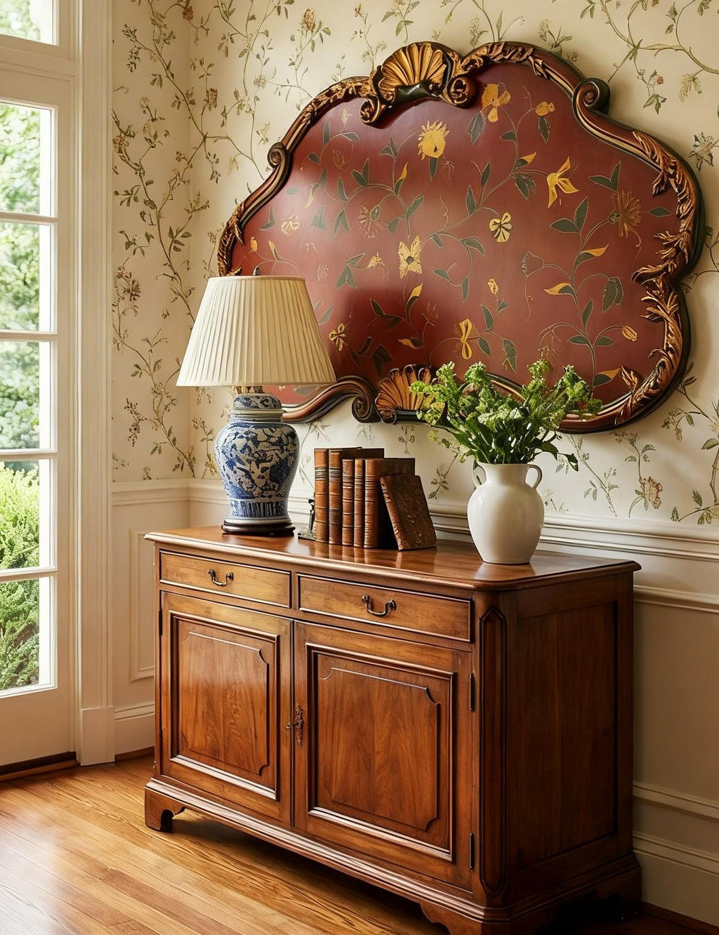 Hollywood Regency Florentine Style Decorative Wall Panel – Hand Painted Floral Vine