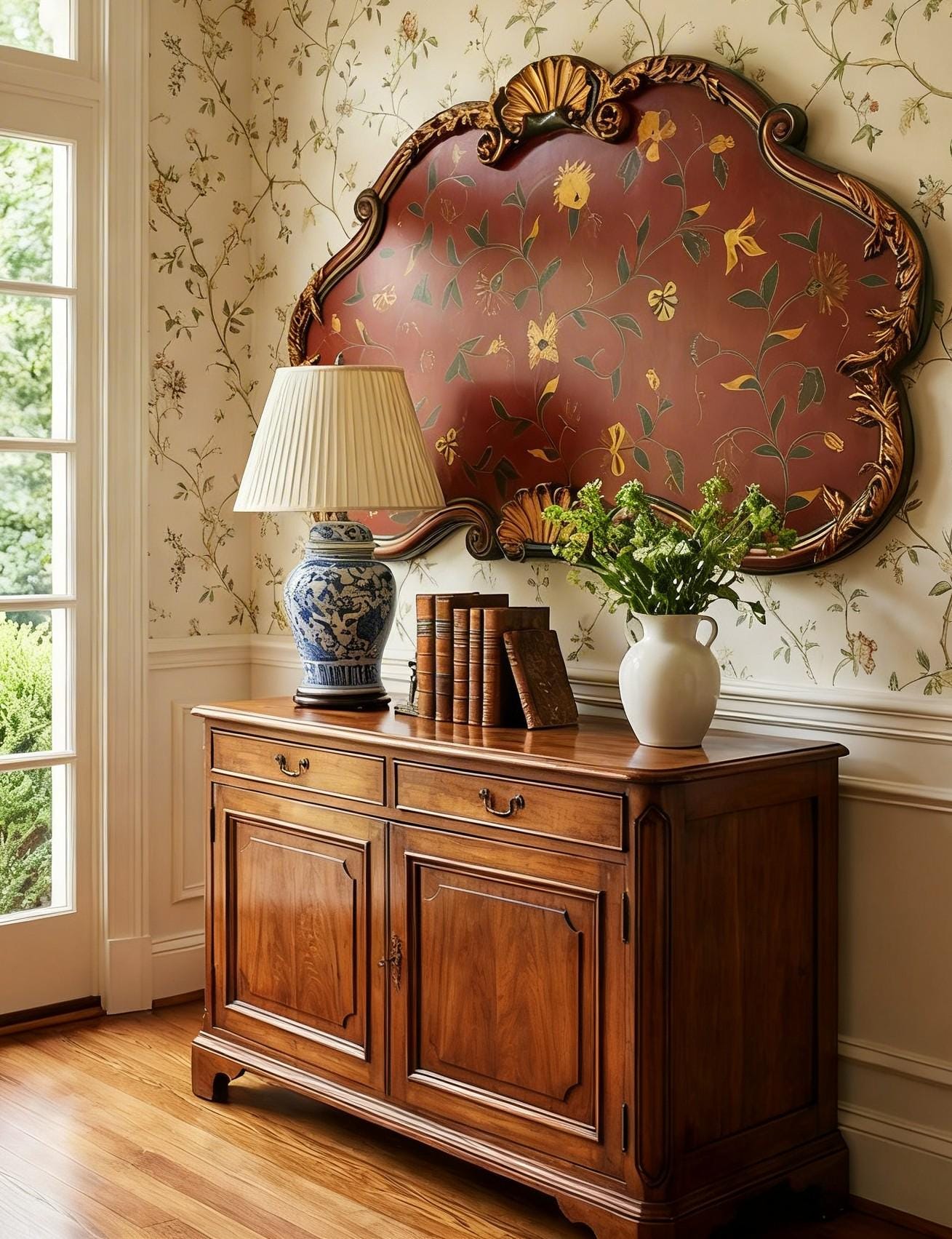 Hollywood Regency Florentine Style Decorative Wall Panel – Hand Painted Floral Vine