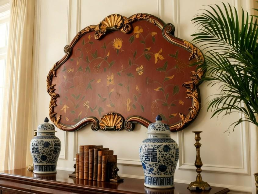 Hollywood Regency Florentine Style Decorative Wall Panel – Hand Painted Floral Vine