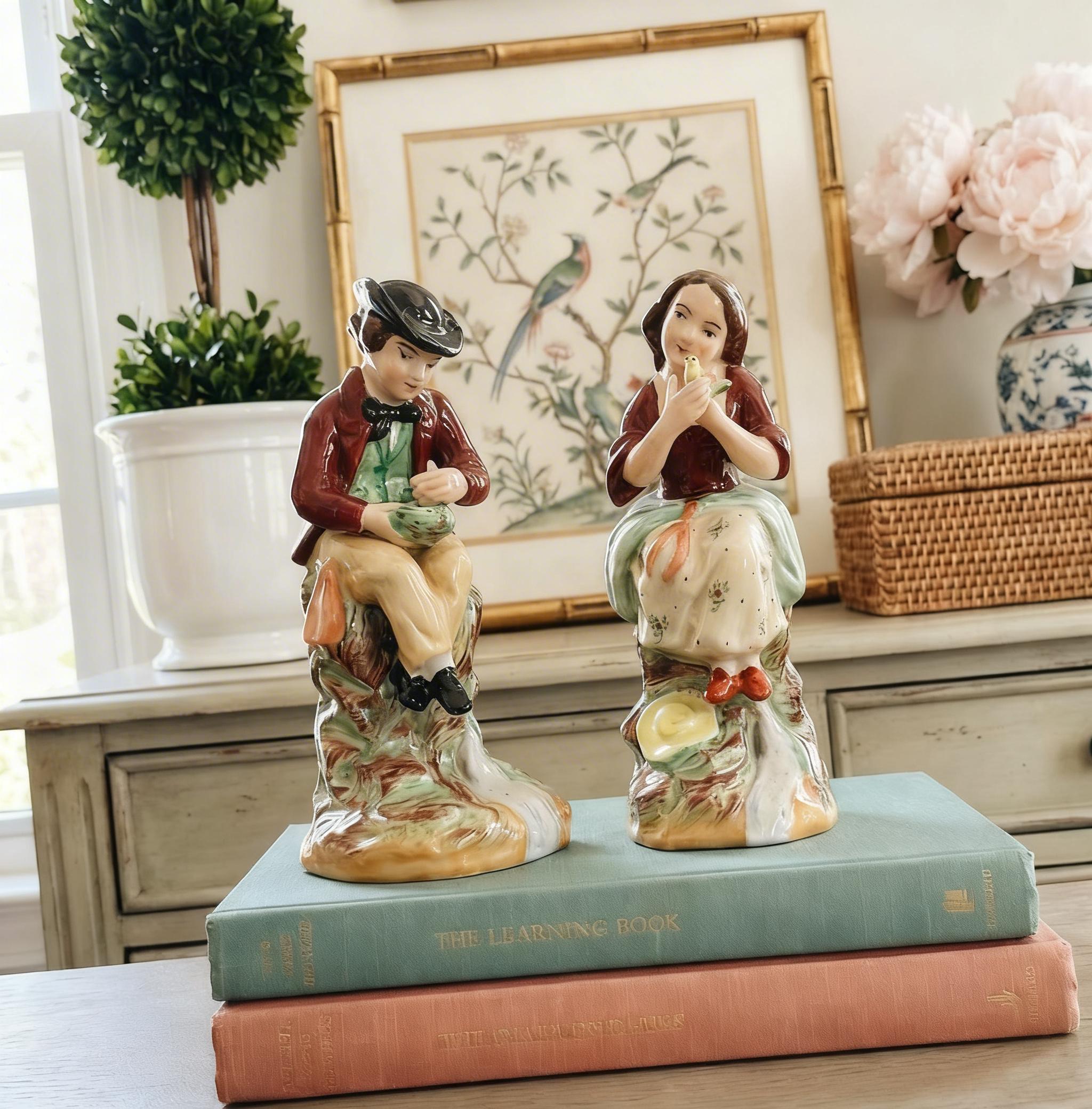 Staffordshire couple vintage Figurines: Hand-Painted porcelain collectible accents