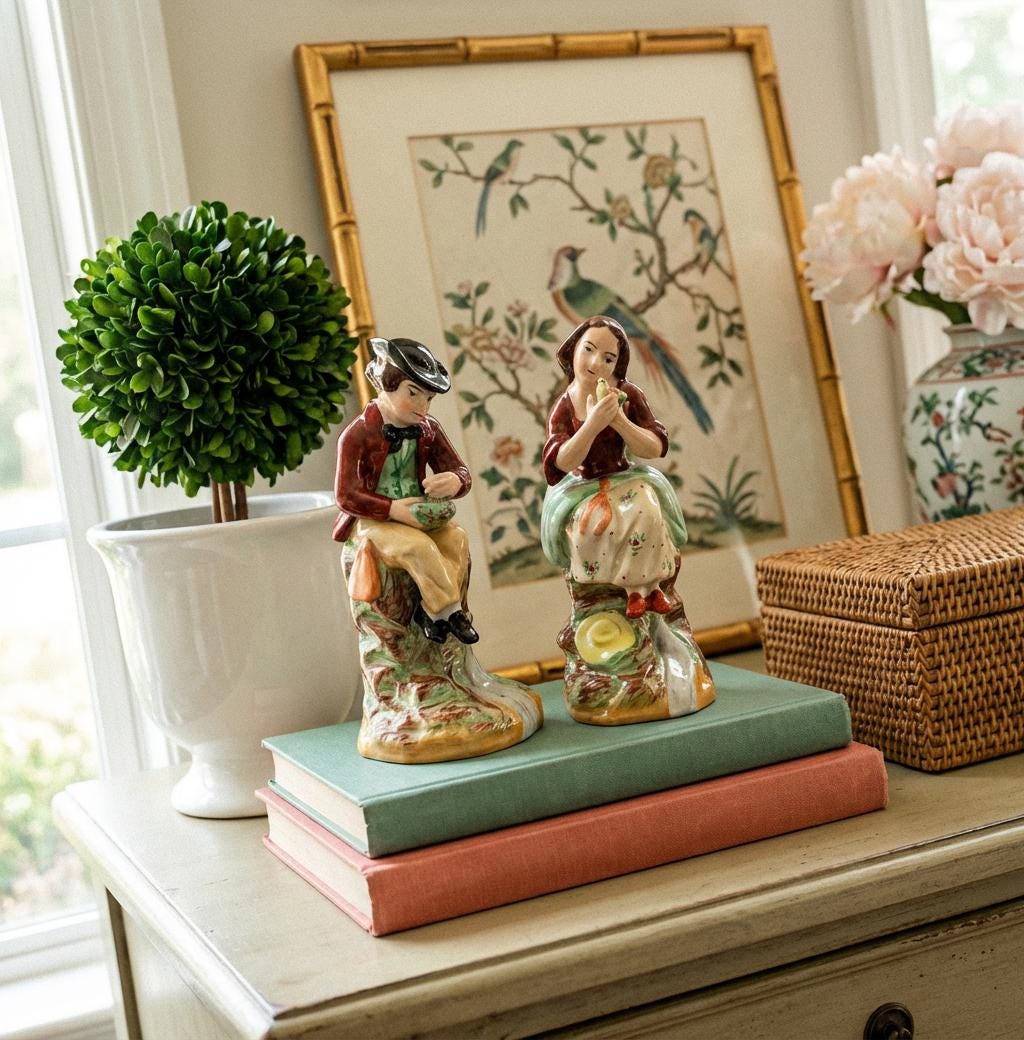 Staffordshire couple vintage Figurines: Hand-Painted porcelain collectible accents