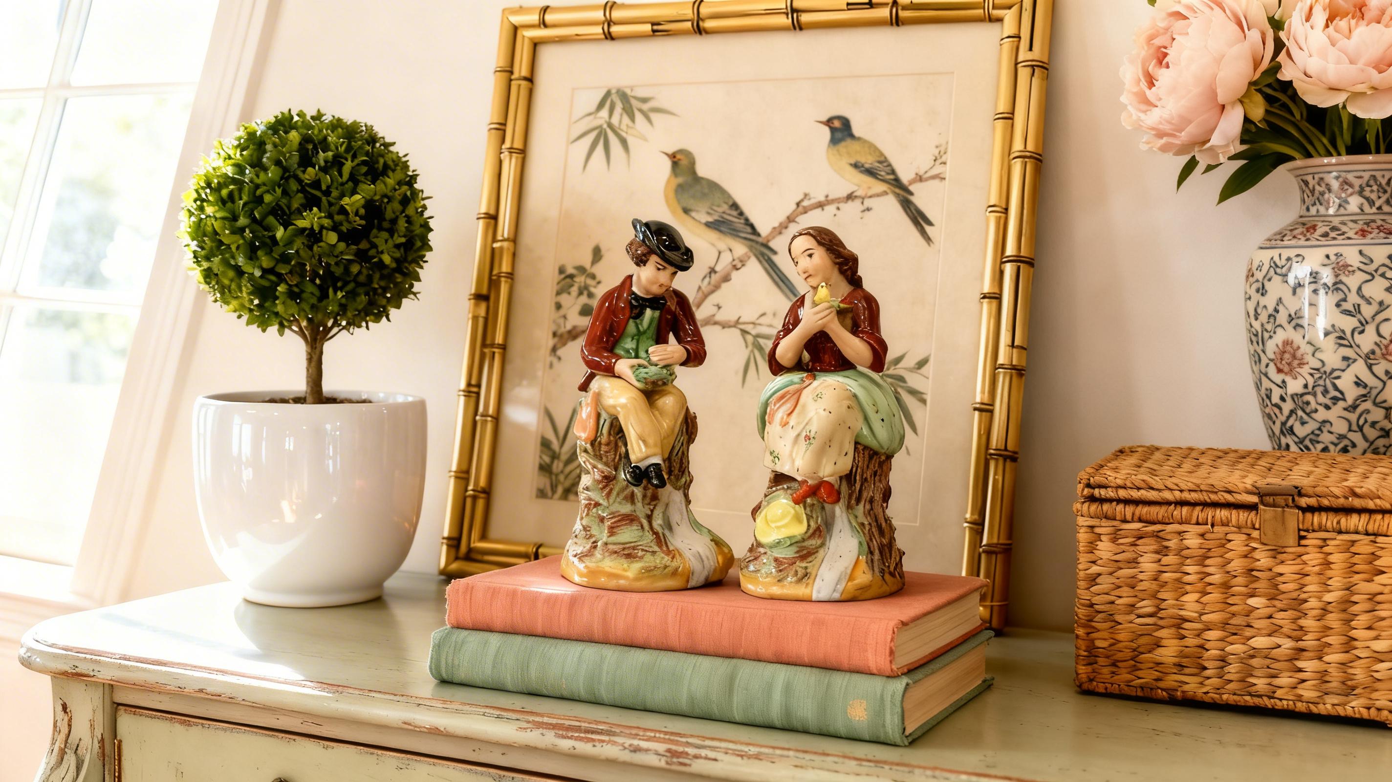 Staffordshire couple vintage Figurines: Hand-Painted porcelain collectible accents