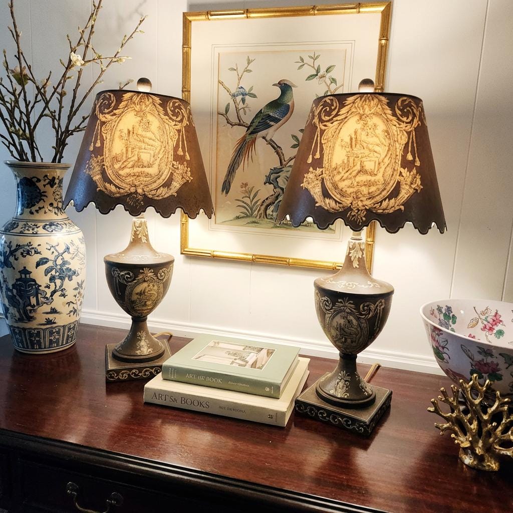 French Vintage Toleware Painted Metal Lamps W/ Shades - Pair