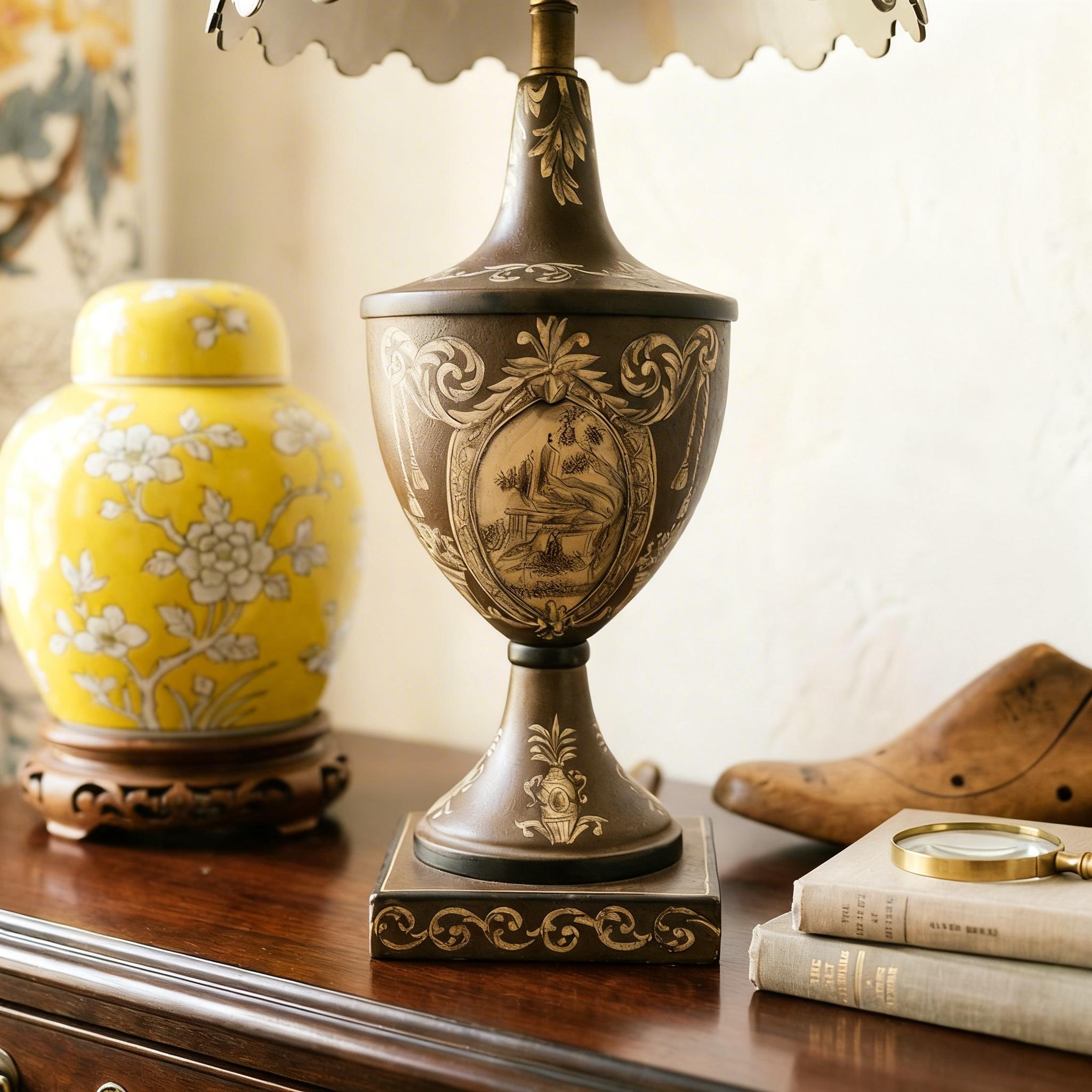 French Vintage Toleware Painted Metal Lamps W/ Shades - Pair