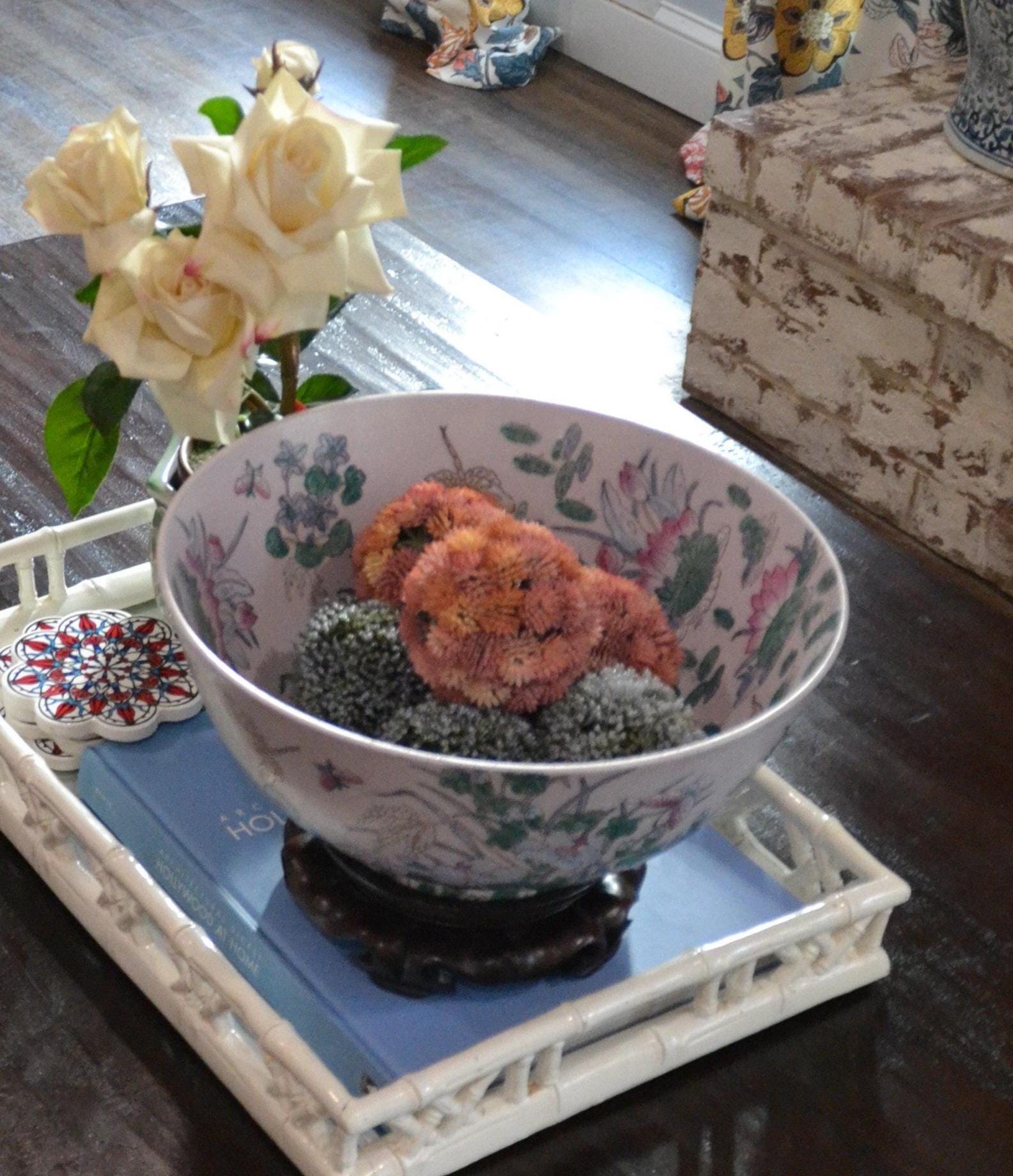 Vintage Famille Rose Bowl: Large 12" Chinoiserie Porcelain with Wood Stand