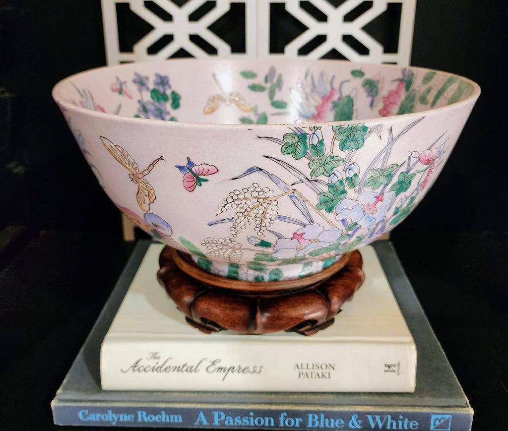 Vintage Famille Rose Bowl: Large 12" Chinoiserie Porcelain with Wood Stand