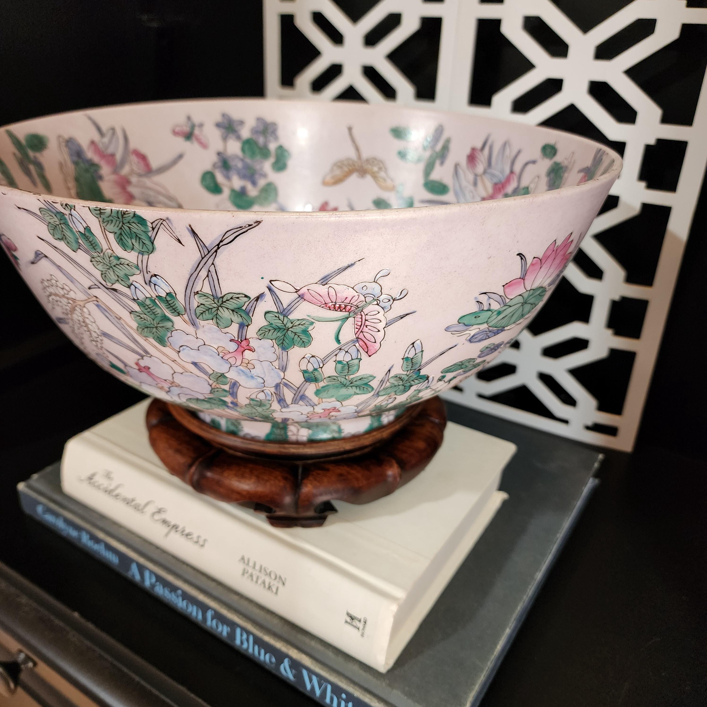 Vintage Famille Rose Bowl: Large 12" Chinoiserie Porcelain with Wood Stand