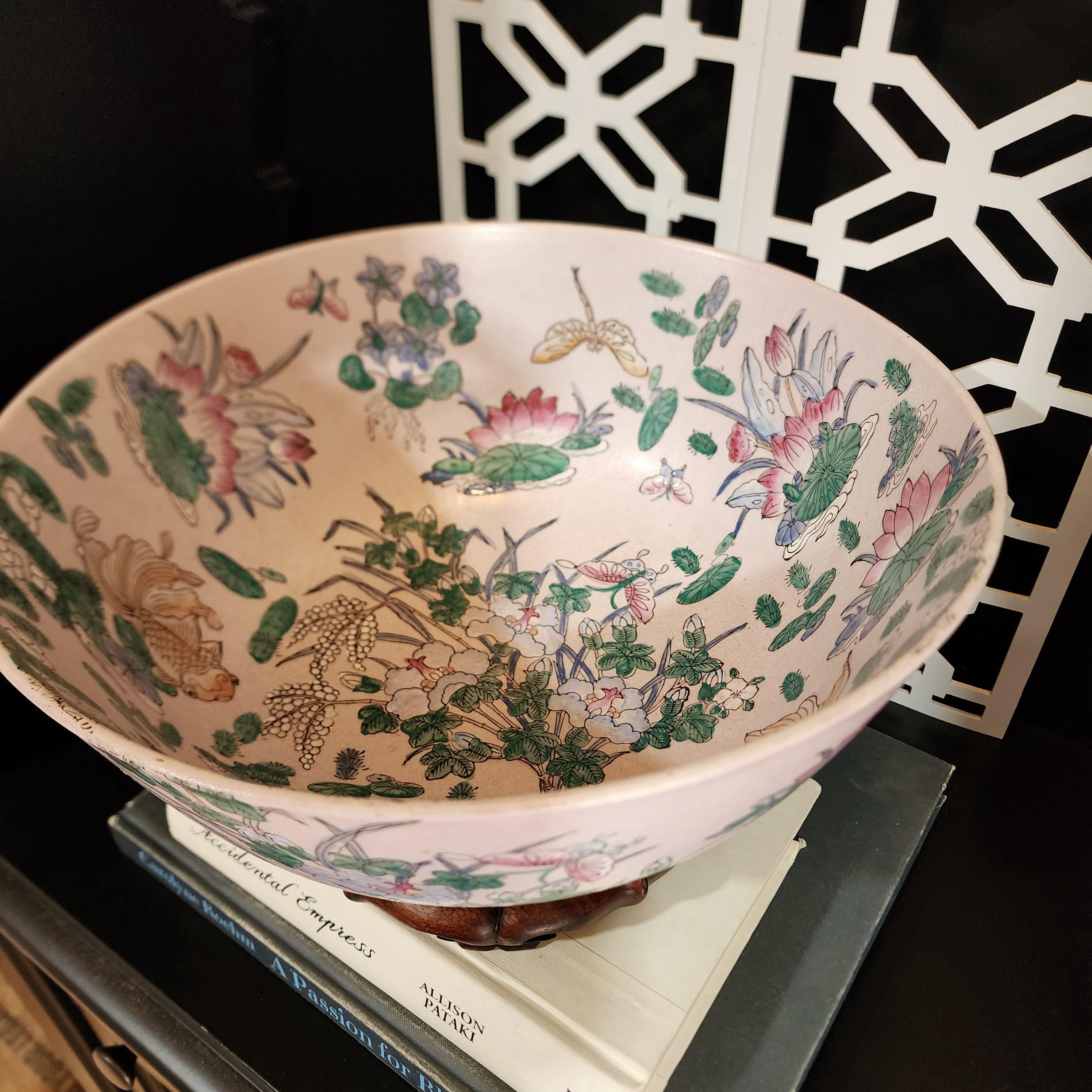 Vintage Famille Rose Bowl: Large 12" Chinoiserie Porcelain with Wood Stand