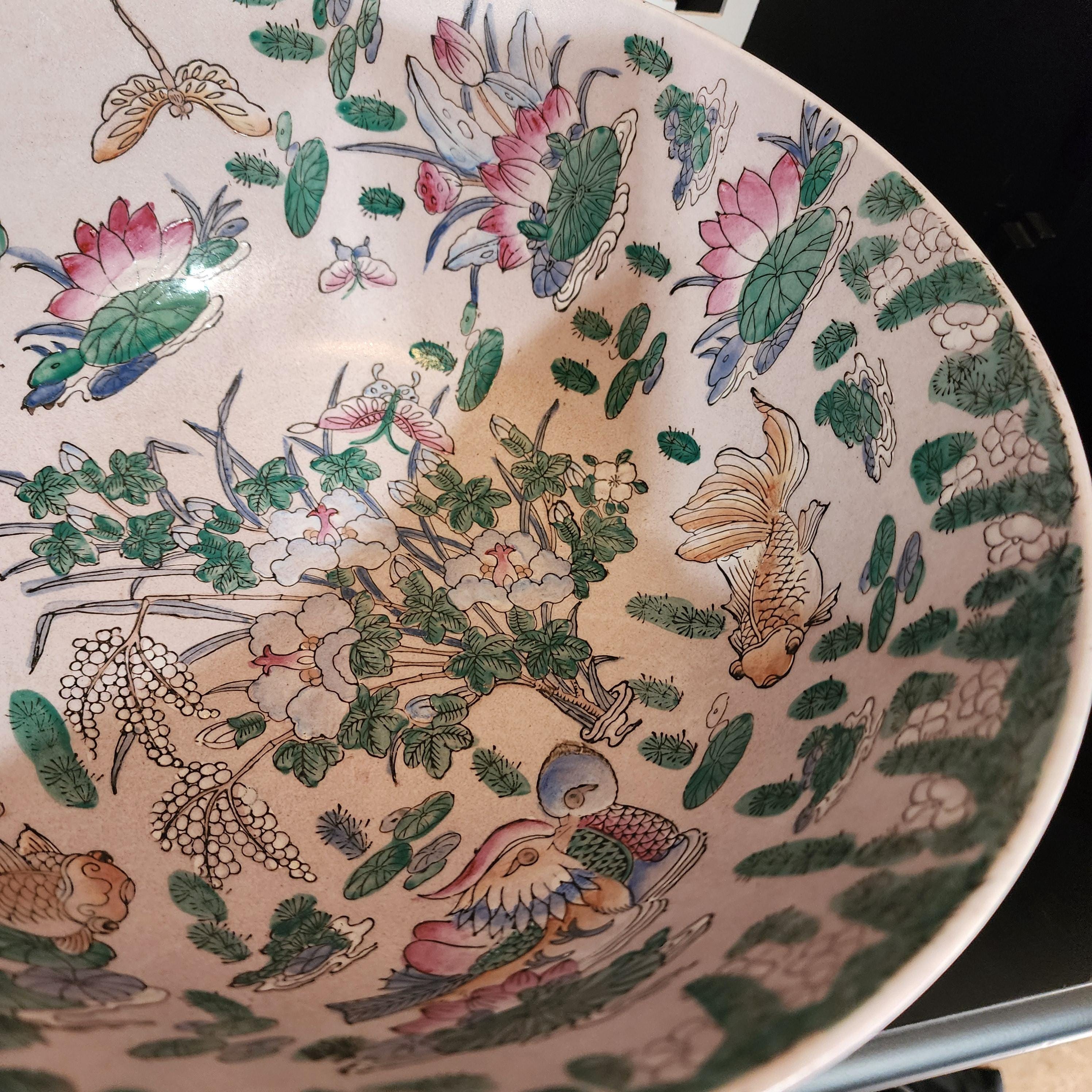 Vintage Famille Rose Bowl: Large 12" Chinoiserie Porcelain with Wood Stand