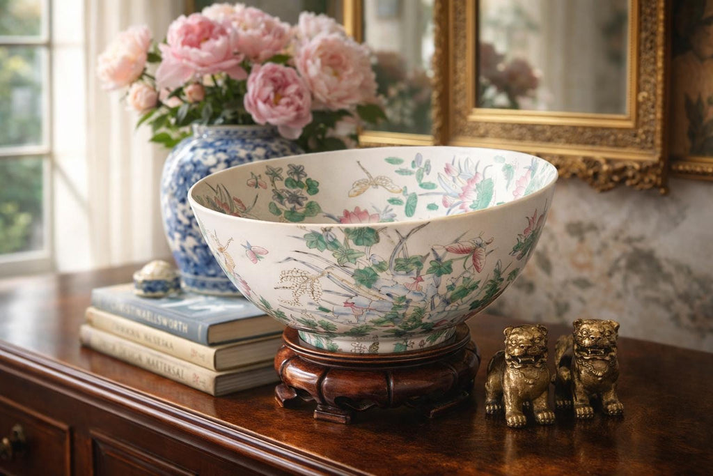 Vintage Famille Rose Bowl: Large 12" Chinoiserie Porcelain with Wood Stand