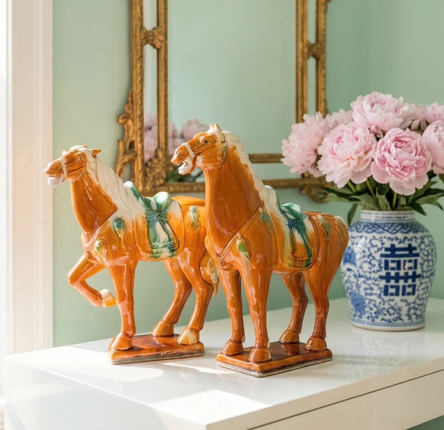 Vintage Tang Horse Figurines Pair 14.5 Inch Tall Chinese, Mid Century Asian Decor