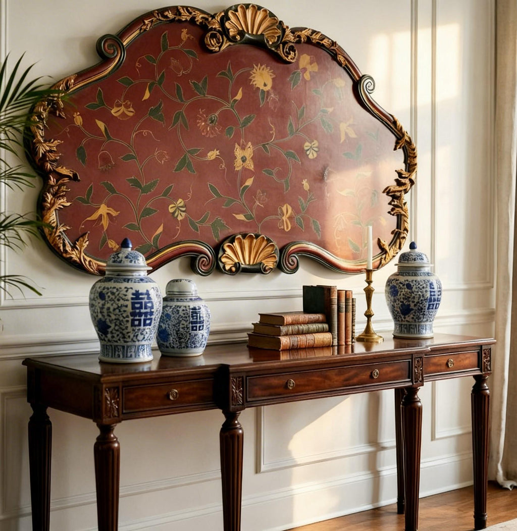 Hollywood Regency Florentine Style Decorative Wall Panel – Hand Painted Floral Vine