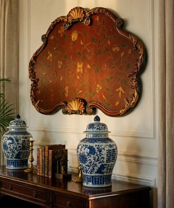 Hollywood Regency Florentine Style Decorative Wall Panel – Hand Painted Floral Vine