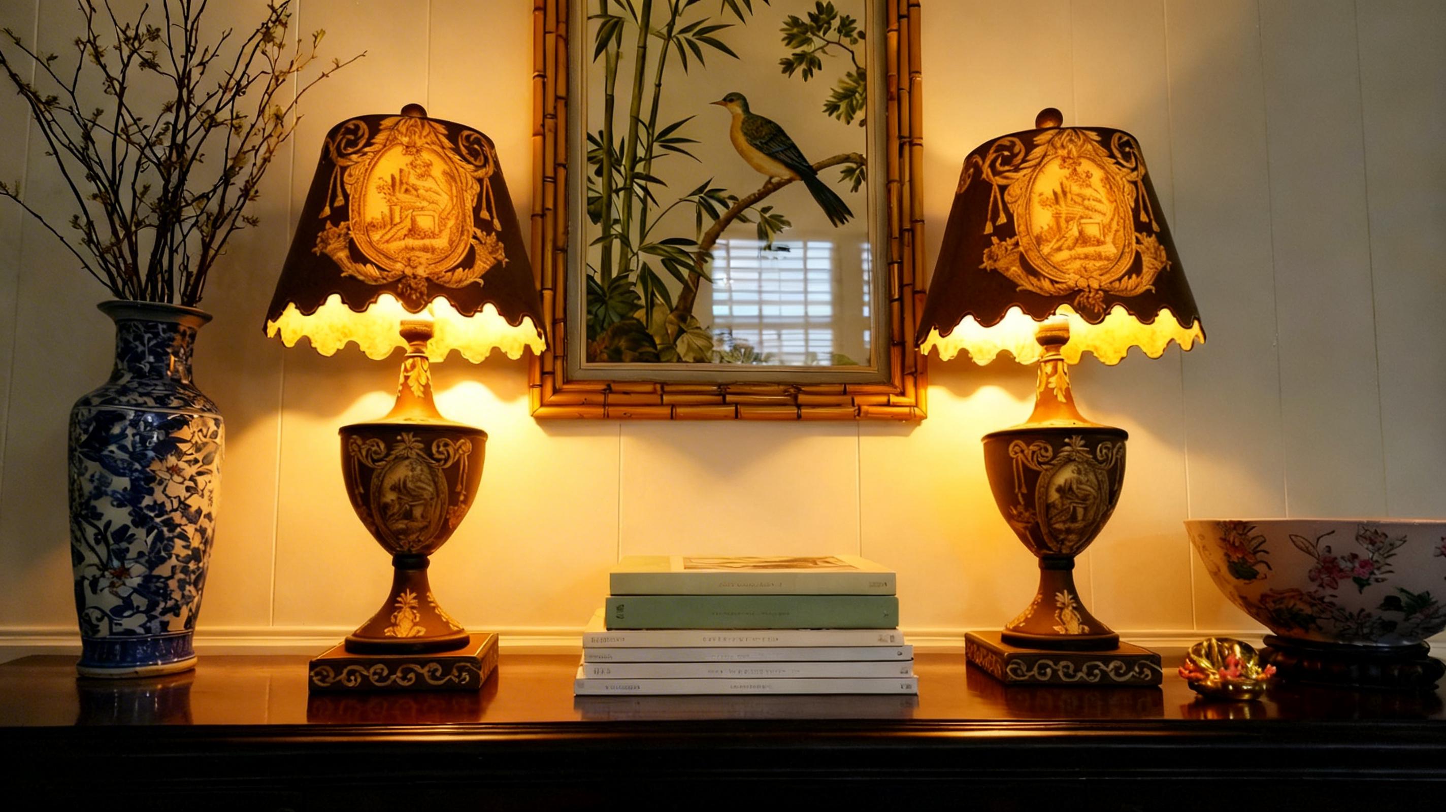 French Vintage Toleware Painted Metal Lamps W/ Shades - Pair