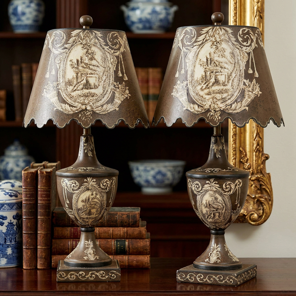 French Vintage Toleware Painted Metal Lamps W/ Shades - Pair