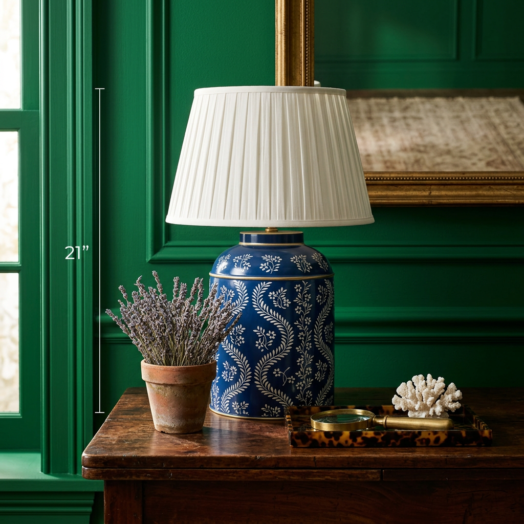 Blue and White Chinoiserie Tea Tin Canister-Style Metal Table Lamp with Pleated Shade