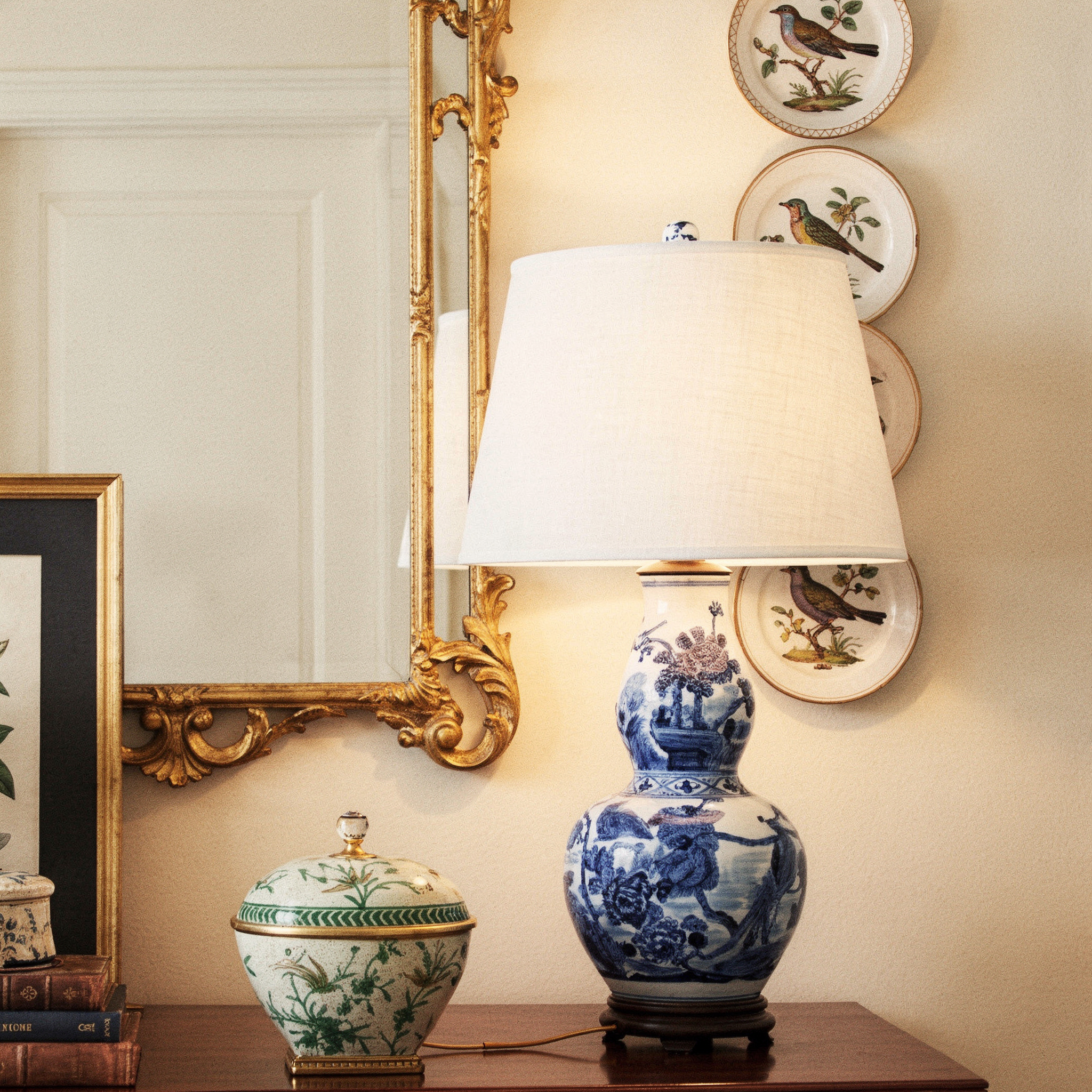 Chinoiserie Blue and White Birds Elongated Gourd Porcelain Table Lamp