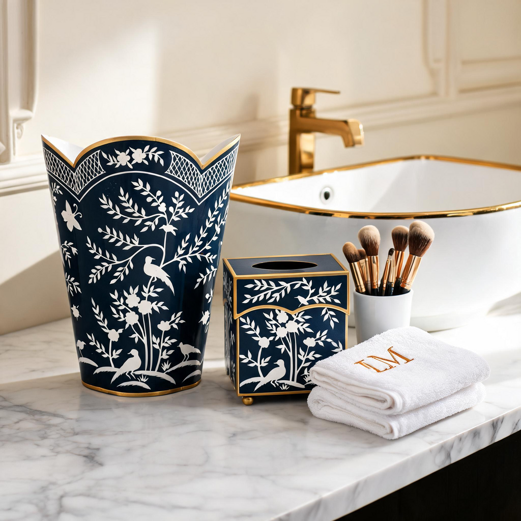 Navy & White Chinoiserie Wastepaper Basket & Tissue