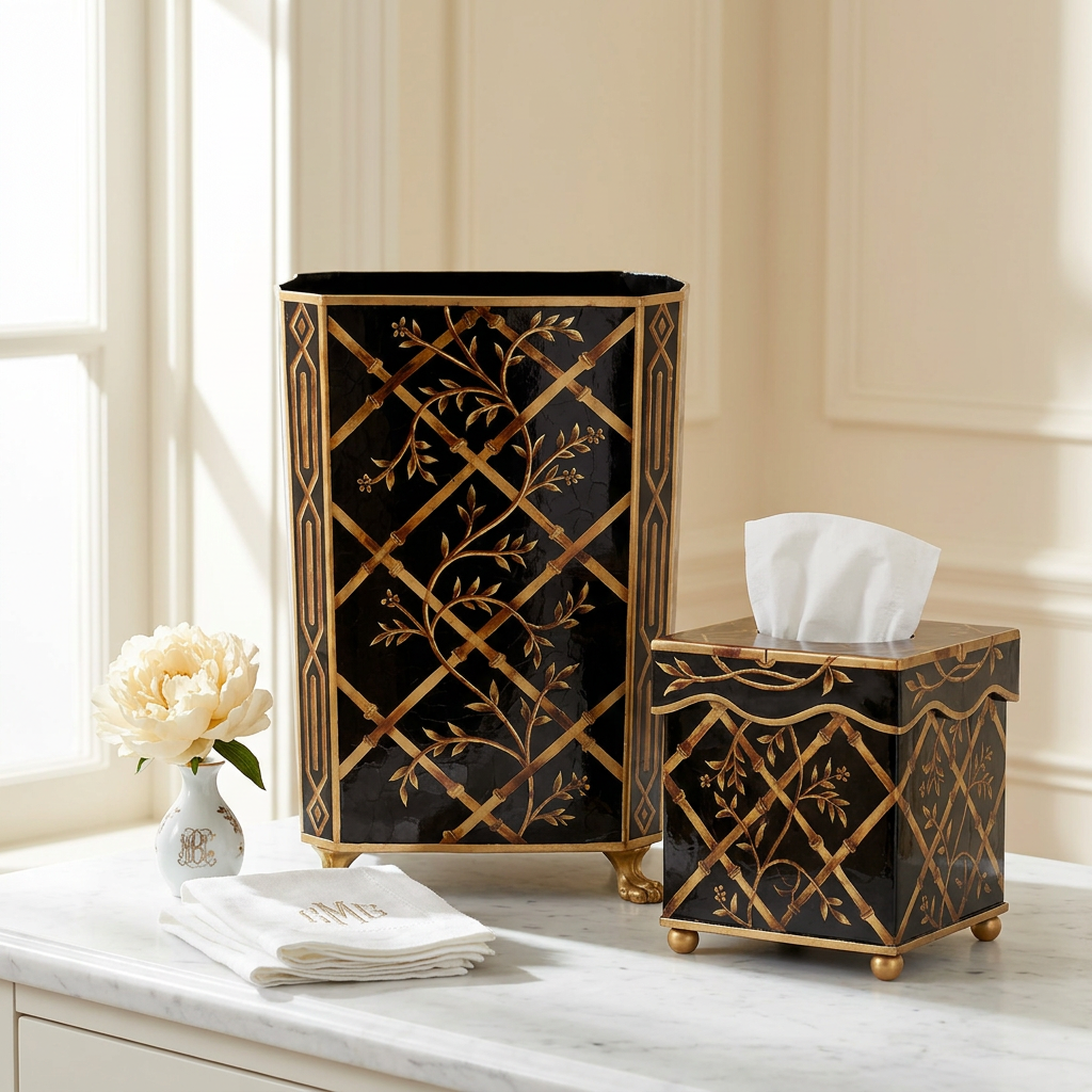 Chinoiserie Black Bamboo Wastepaper Basket and Tissue Holder