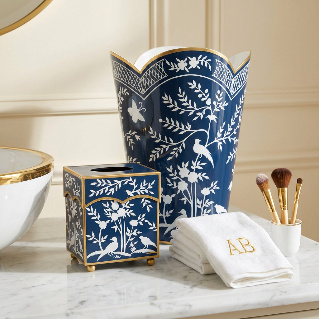 Navy & White Chinoiserie Wastepaper Basket & Tissue