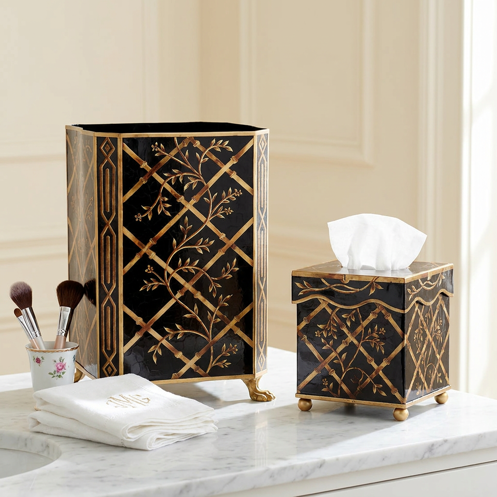 Chinoiserie Black Bamboo Wastepaper Basket and Tissue Holder