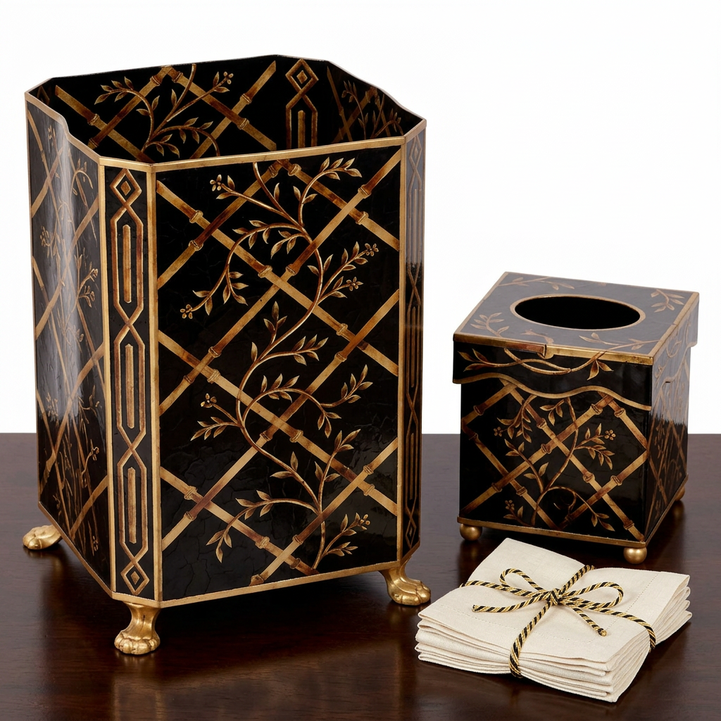 Chinoiserie Black Bamboo Wastepaper Basket and Tissue Holder