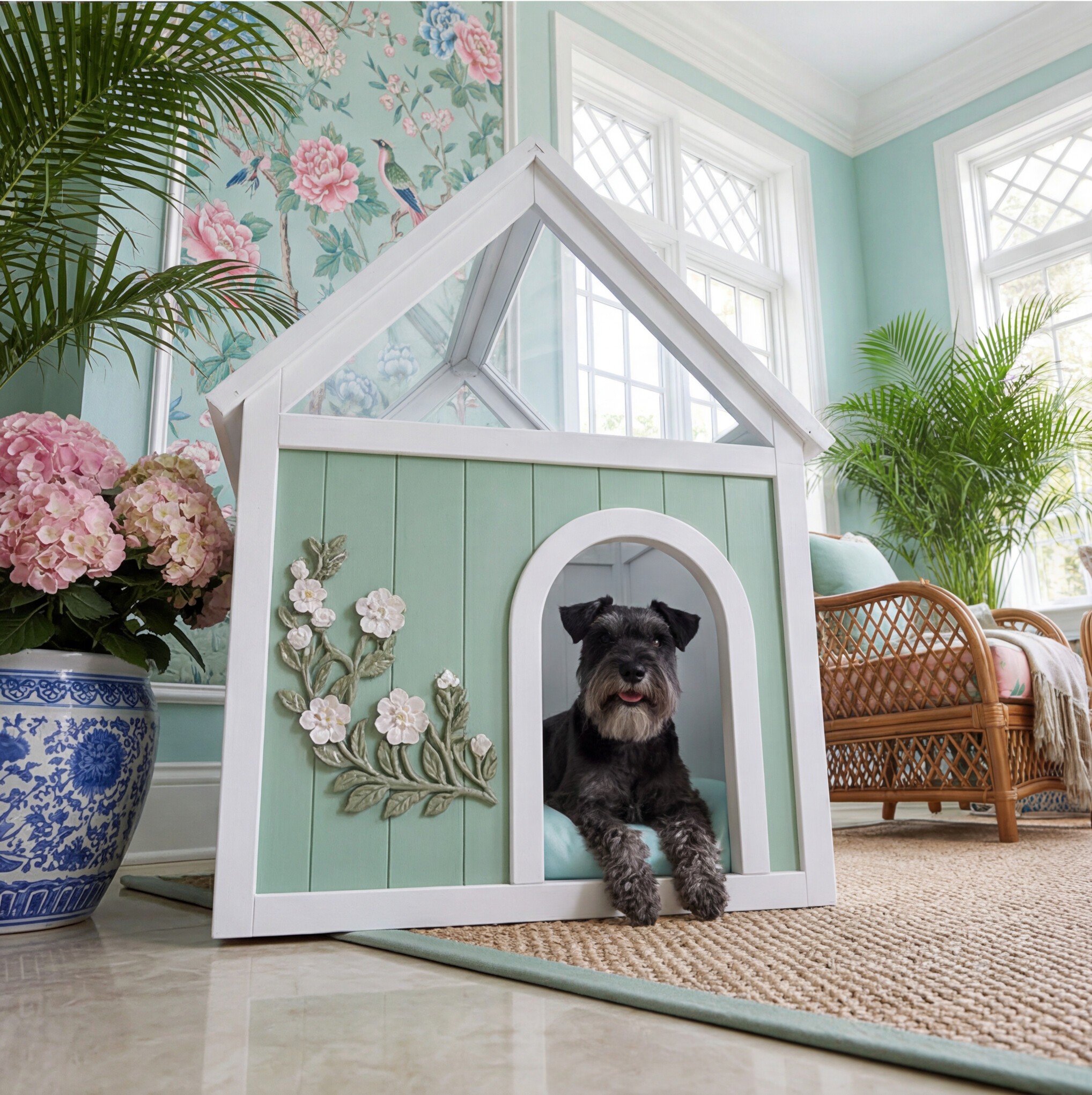 Grandmillennial Pierced Cedar Pet House pet bed with Floral Relief