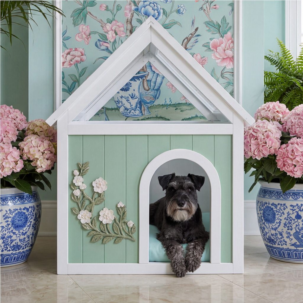 Grandmillennial Pierced Cedar Pet House pet bed with Floral Relief