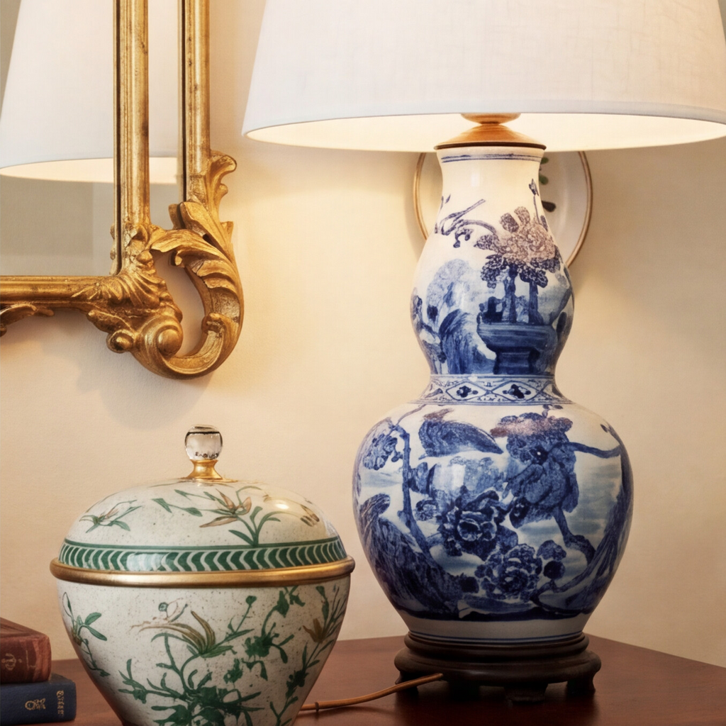 Chinoiserie Blue and White Birds Elongated Gourd Porcelain Table Lamp