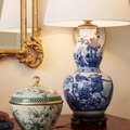 Chinoiserie Blue and White Birds Elongated Gourd Porcelain Table Lamp