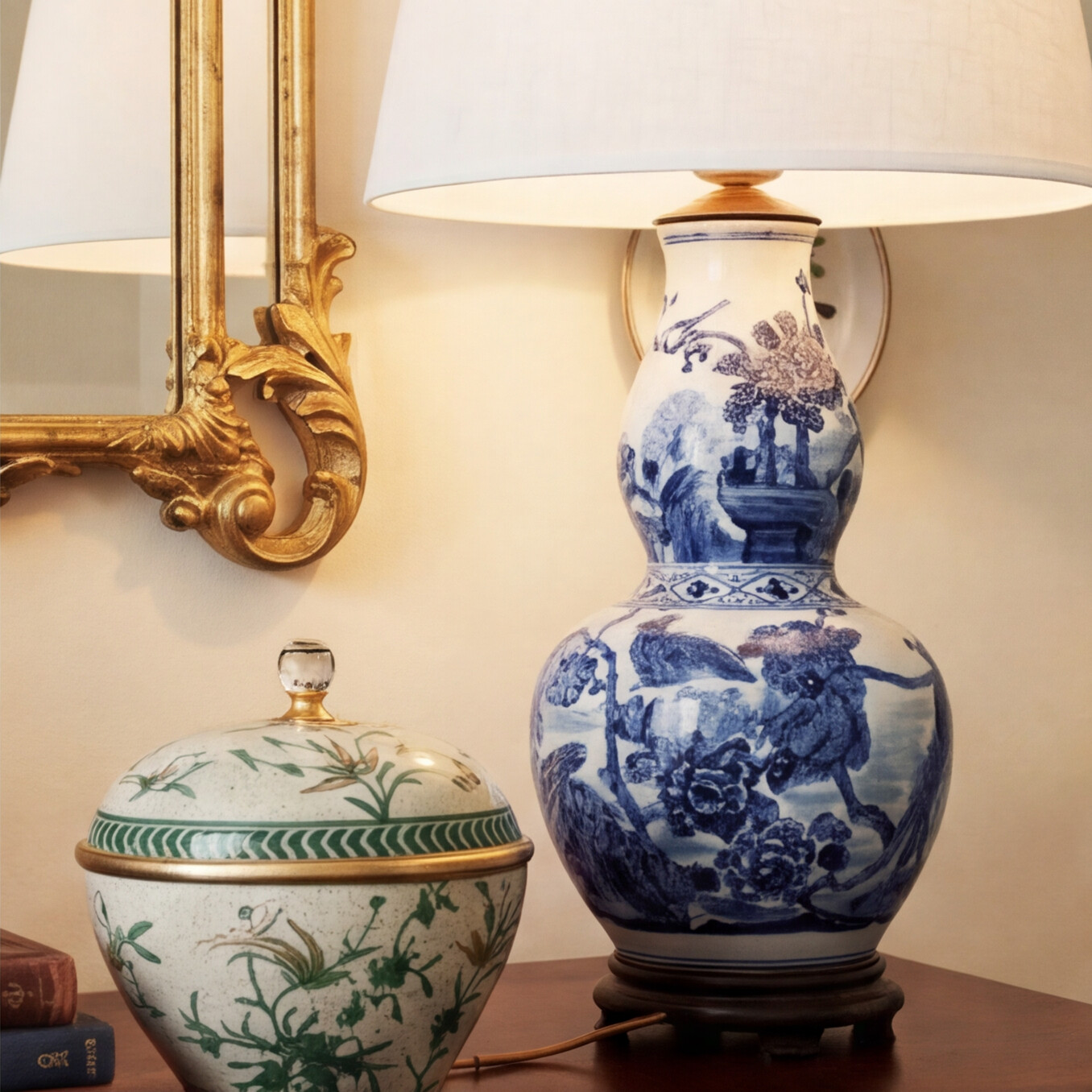 Chinoiserie Blue and White Birds Elongated Gourd Porcelain Table Lamp