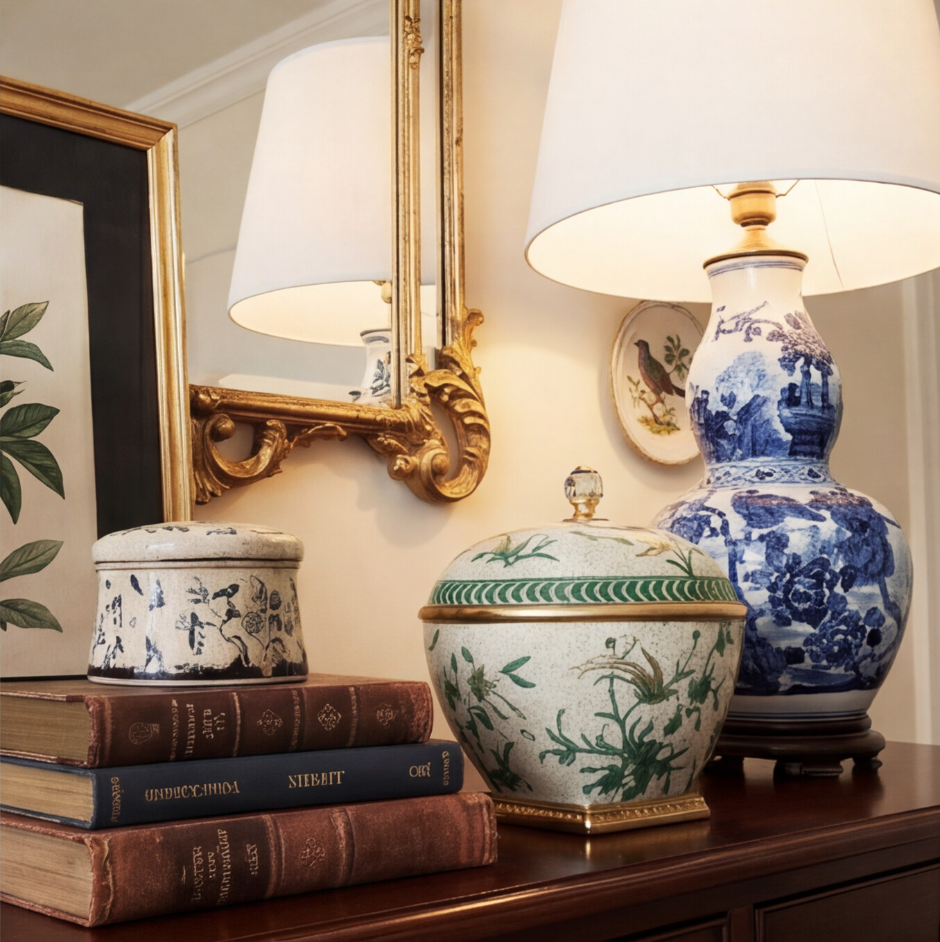 Chinoiserie Blue and White Birds Elongated Gourd Porcelain Table Lamp