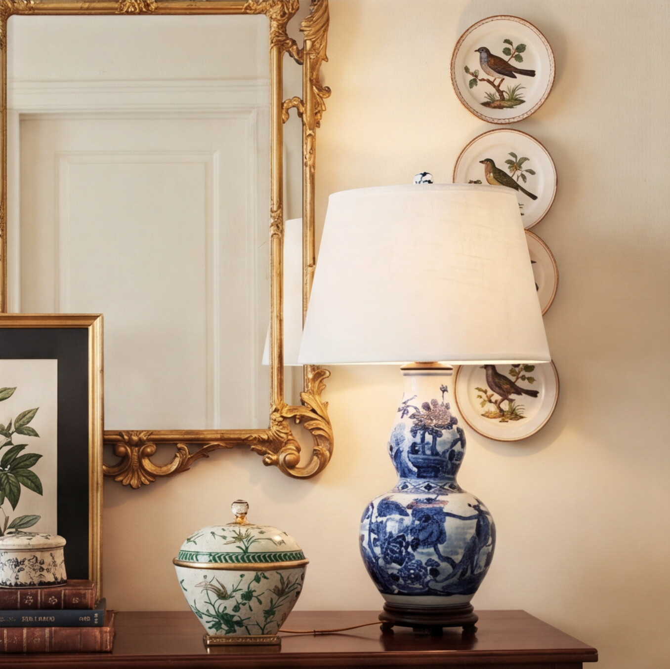 Chinoiserie Blue and White Birds Elongated Gourd Porcelain Table Lamp