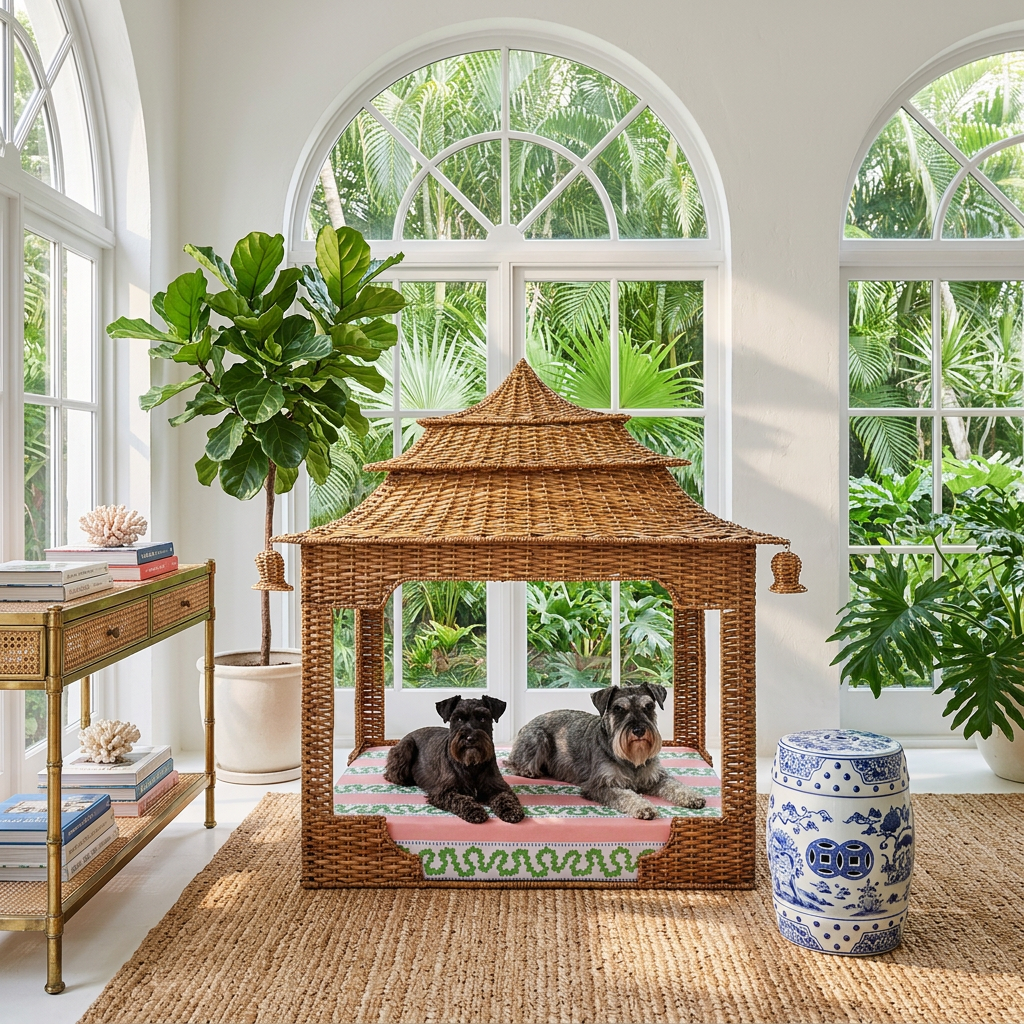 Rattan Pagoda Dog House Bed Chinoiserie Pet Furniture