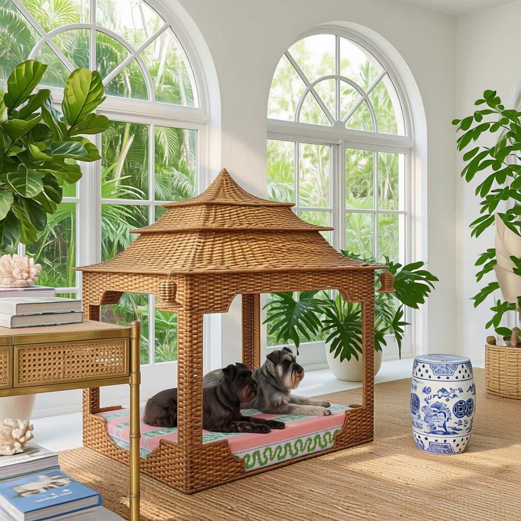 Rattan Pagoda Dog House Bed Chinoiserie Pet Furniture