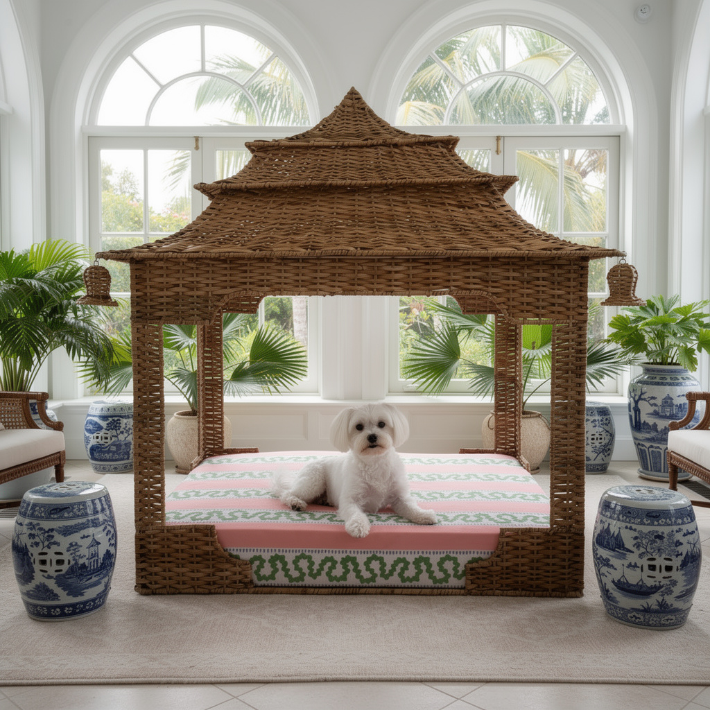 Rattan Pagoda Dog House Bed Chinoiserie Pet Furniture