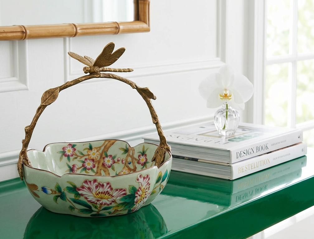 Floral Vine Porcelain Bowl with Bronze Ormolu Handle