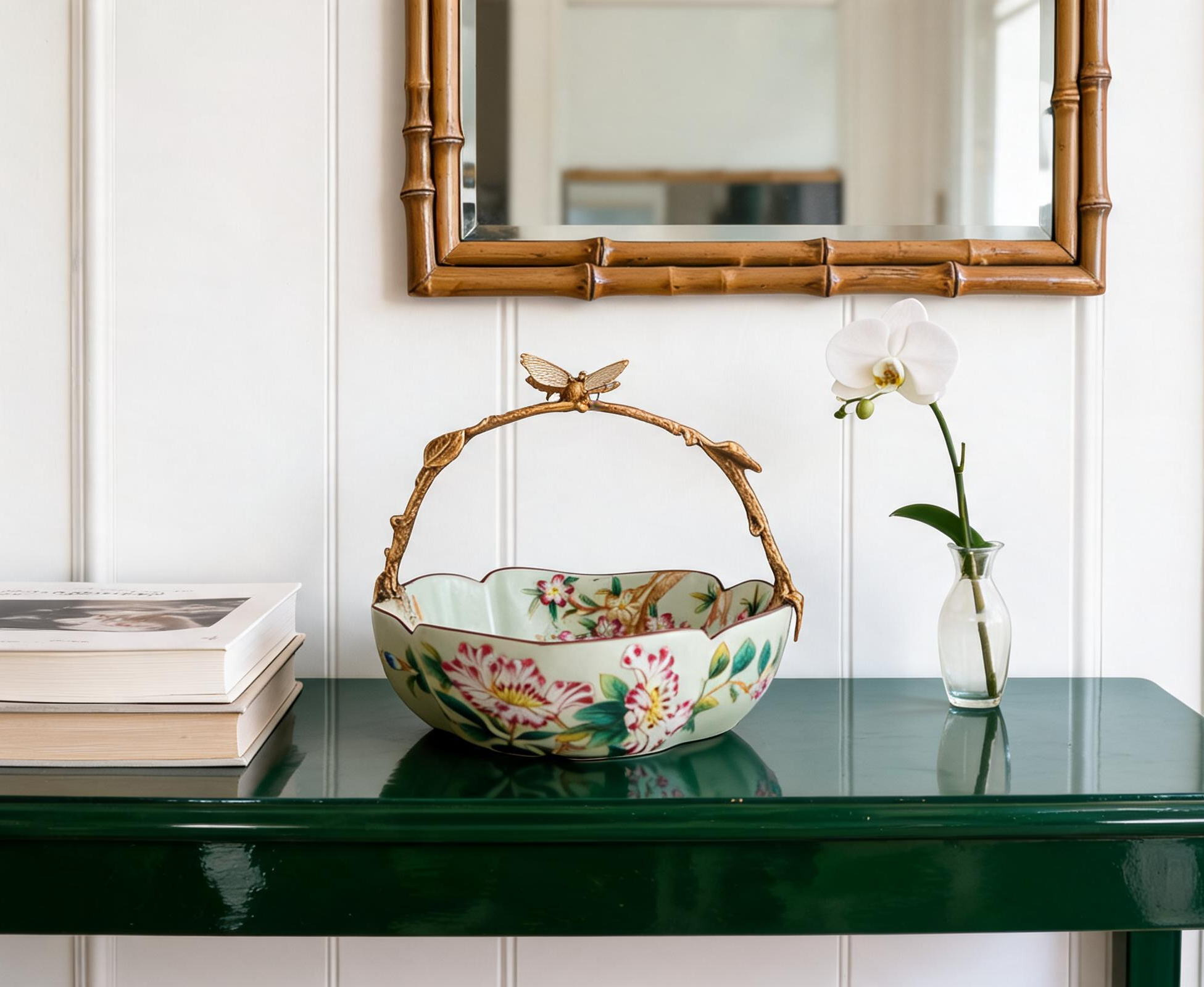Floral Vine Porcelain Bowl with Bronze Ormolu Handle