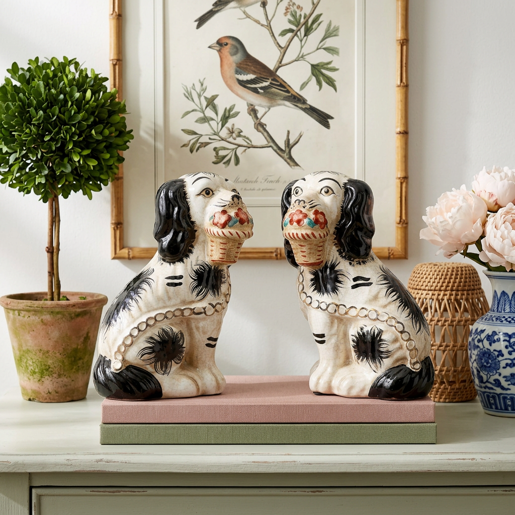 Classic Black & White Staffordshire-Style Dalmatian Spaniels with Baskets (Pair)