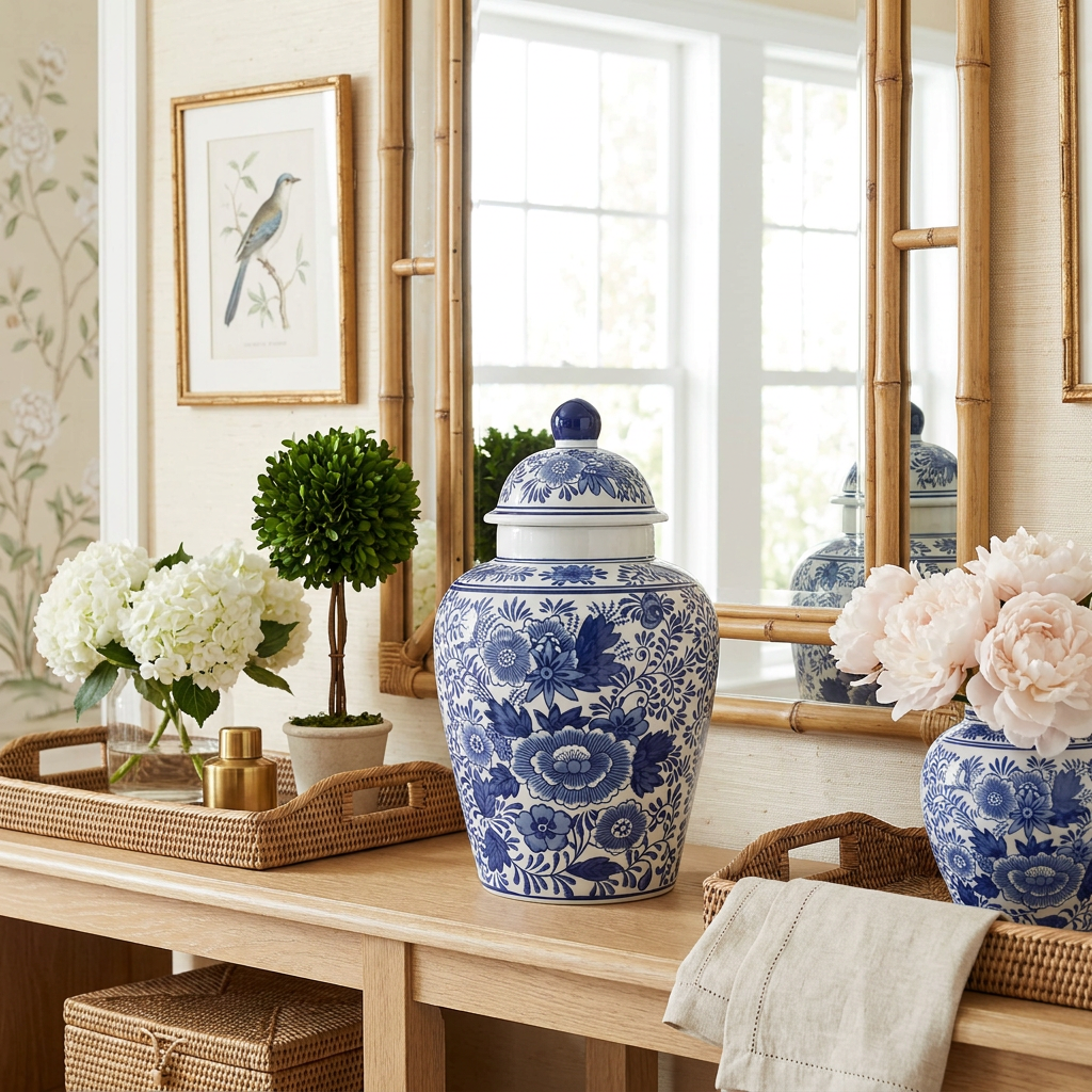 Delft Style Blue Floral Ceramic Ginger Jar 14in